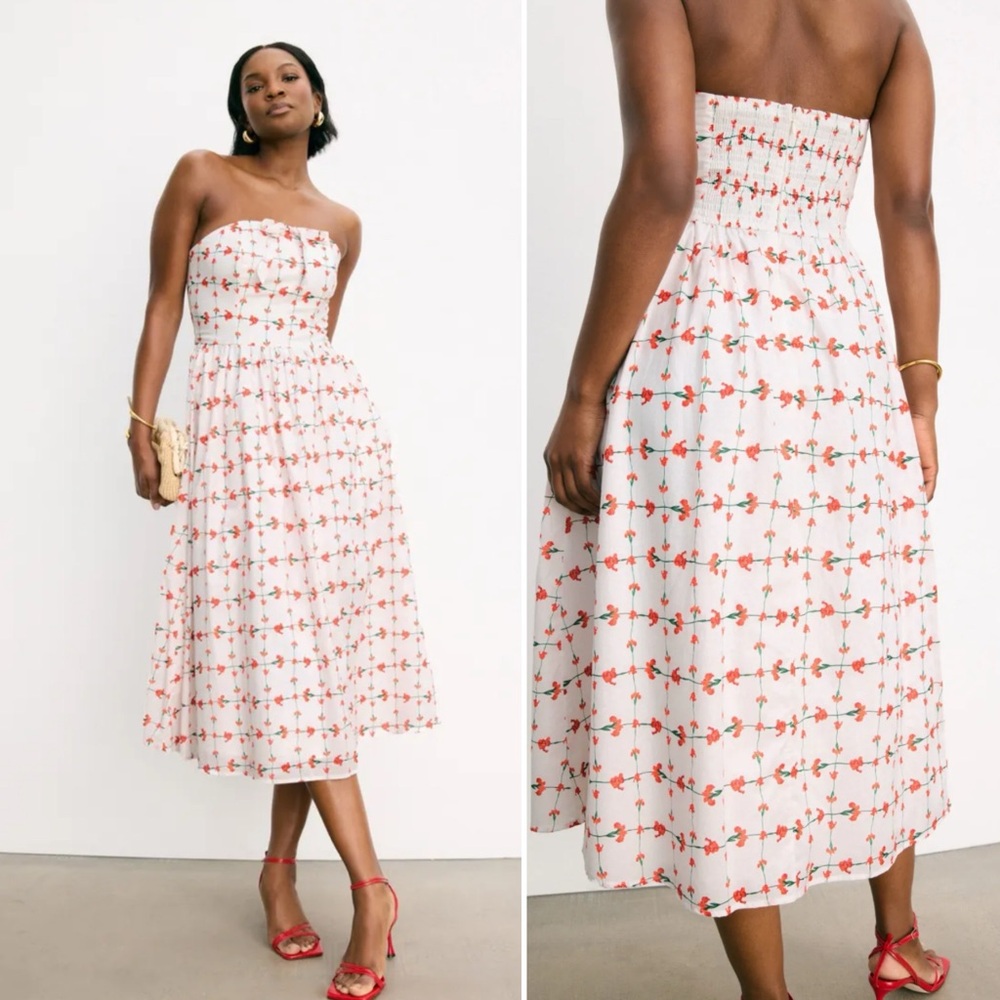 NWT Hutch Iris Floral Dress in Poppy Red Strapless Bow Detail Midi Size 14